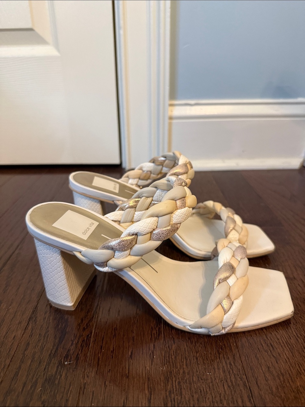 Dolce Vita Braided Double-Strap Block Heel Sandals in Cream and Metallic Taupe
